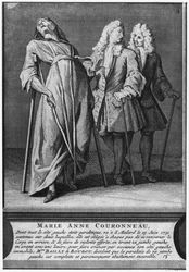 Guarigione miracolosa di un paralitico, Marie-Anne Couronneau, sulla tomba del diacono François de Paris al cimitero parrocchiale Saint-Médard a Parigi, 13 giugno 1731, incisa da Pieter Yver (1712-87) 1737